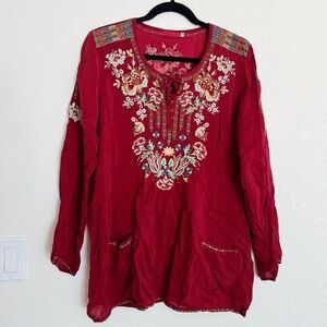 Johnny Was Carnation Blouse Red Floral Embroidered Pockets Boho Tunic Size M